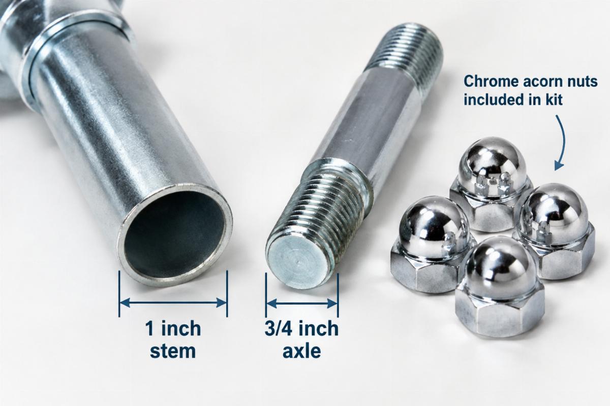 Close up of 1 inch stem and 3/4 inch axle with chrome acorn nuts included in kit