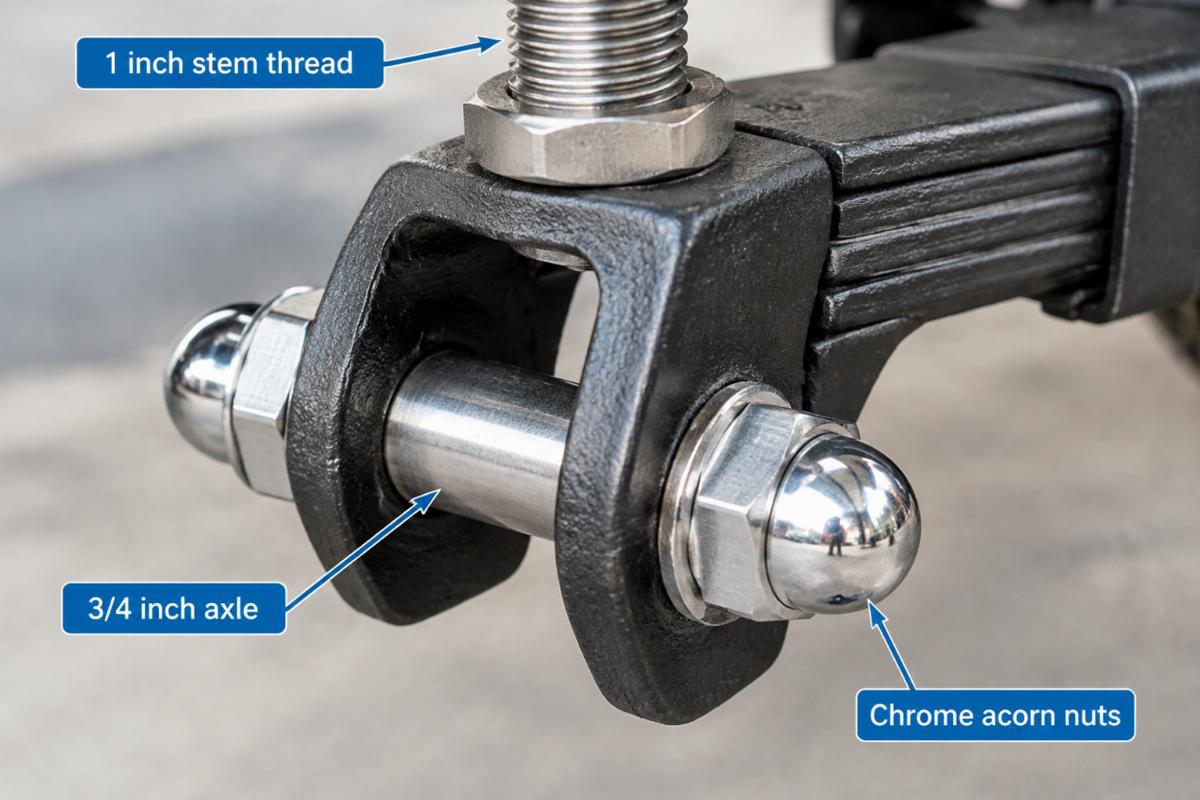 Close-up of 1 inch stem thread and 3/4 inch axle with chrome acorn nuts on the leaf spring fork