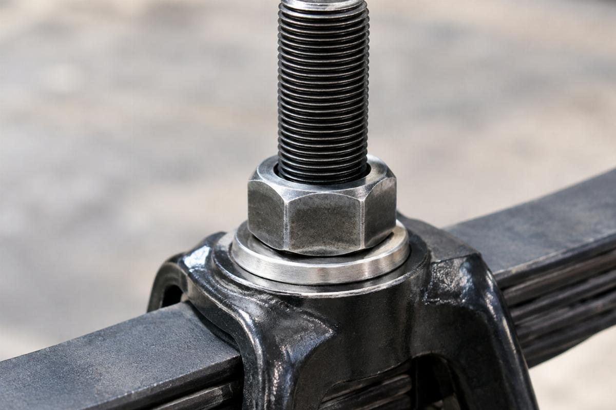 Close up of 1 inch x 24 stem thread and top crown nut on the leaf spring fork assembly
