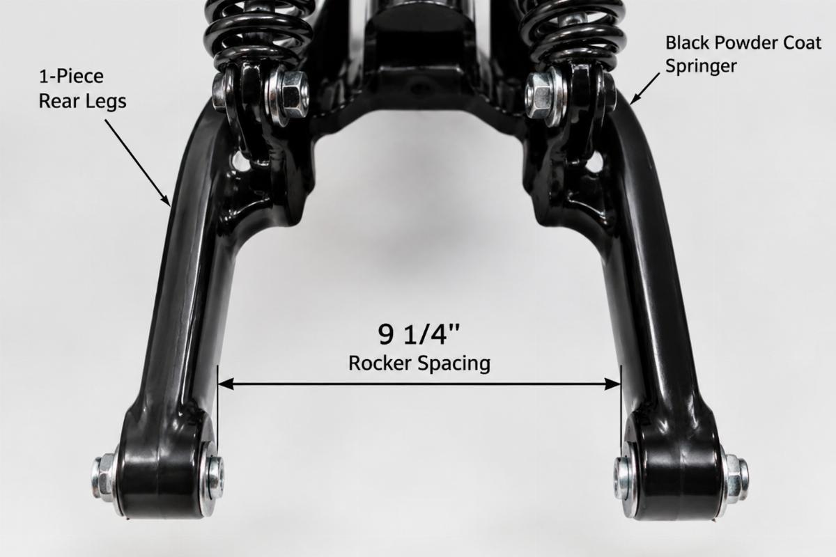 Close-up of 1-piece rear legs and 9 1/4-inch rocker spacing on black powder coat springer