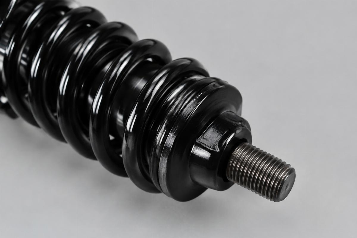 Close up of 1 x 24" thread stem on black spring fork rear leg