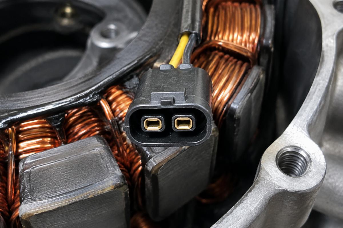 Close up of 2 pin female plug on alternator stator for big twin