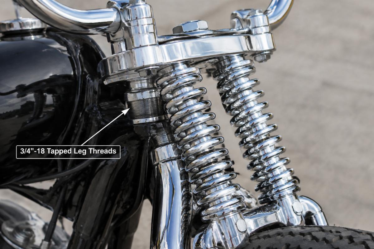 Close up of 3/4"-18 tapped leg threads and inline top triple tree on chrome springer