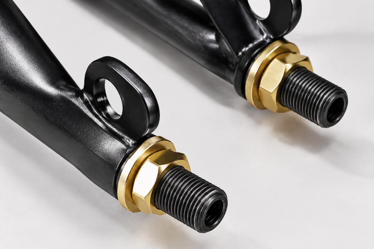 Close up of 3/4"-18 threaded rear fork legs and brass plated hardware