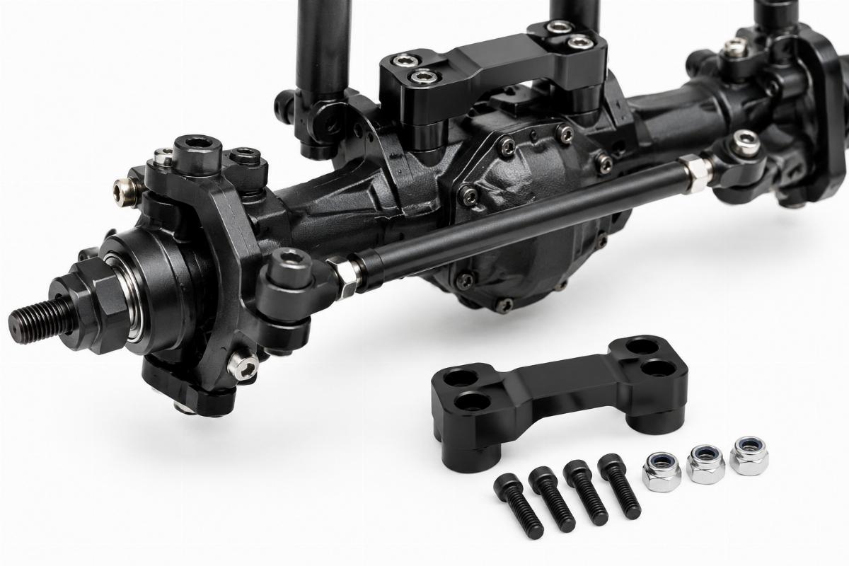 Close up of 3/4 front axle assembly and top clamp included in kit