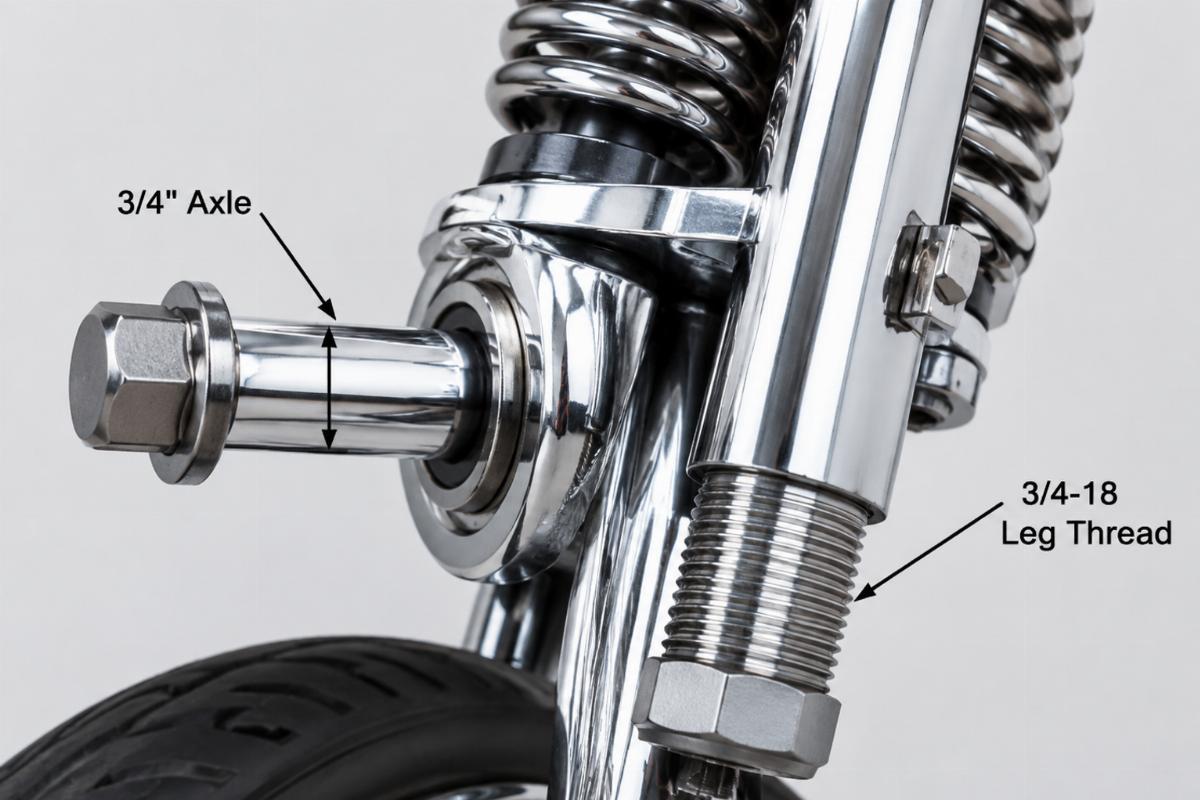 Close up of 3/4 inch axle and 3/4-18 leg thread on chrome springer fork