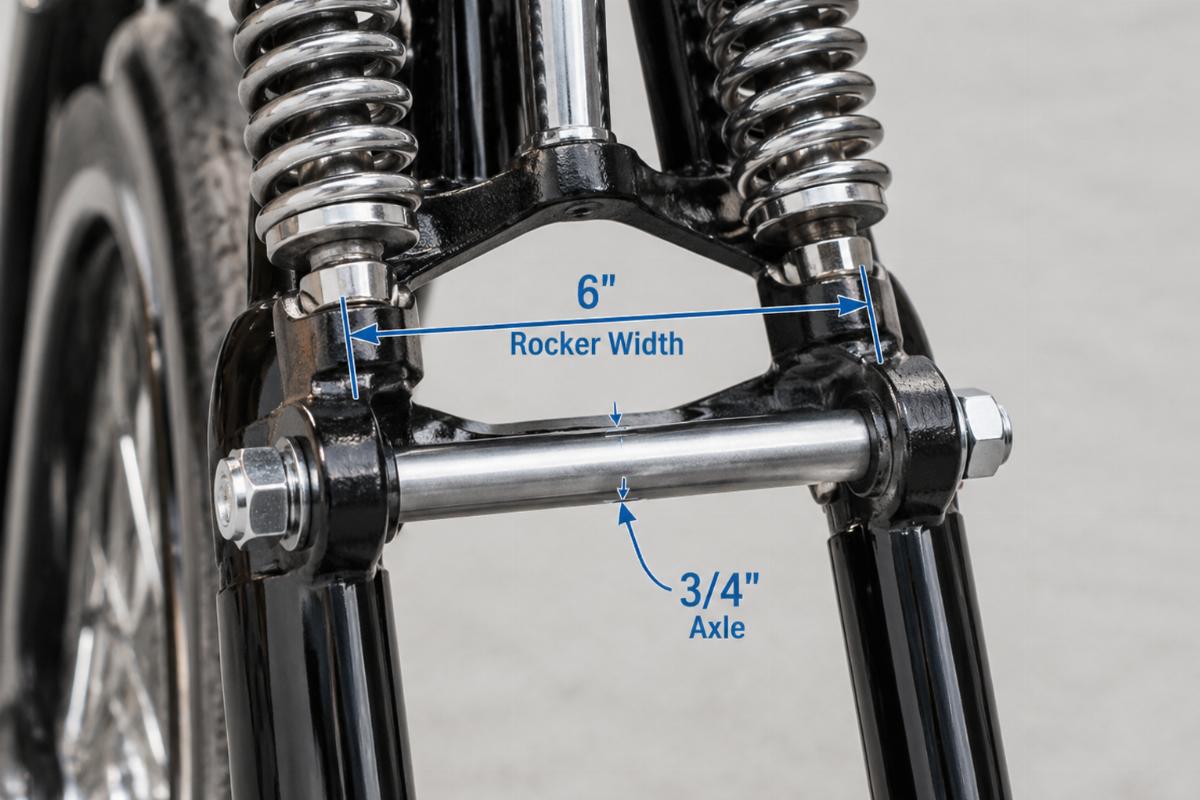 Close up of 3/4 inch axle and 6 inch rocker width on springer fork
