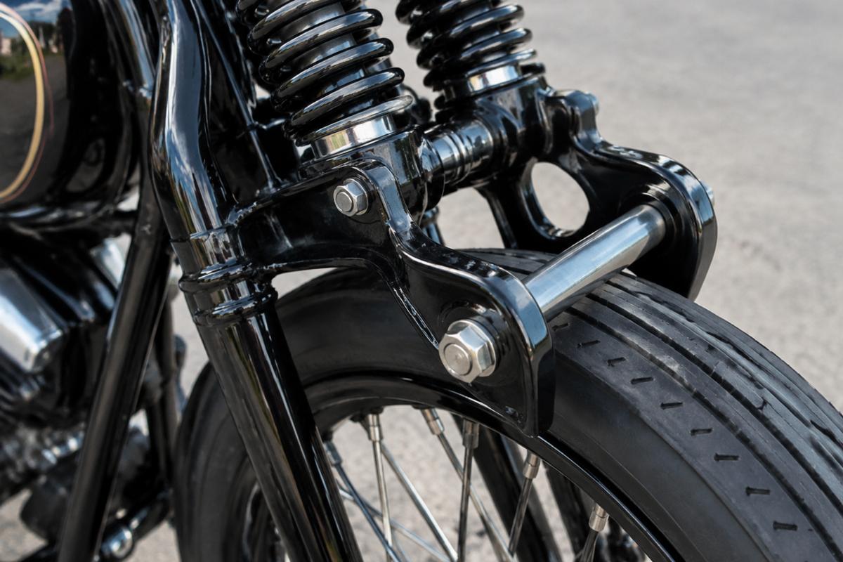 Close up of 3/4 inch axle and cast rockers on gloss black springer