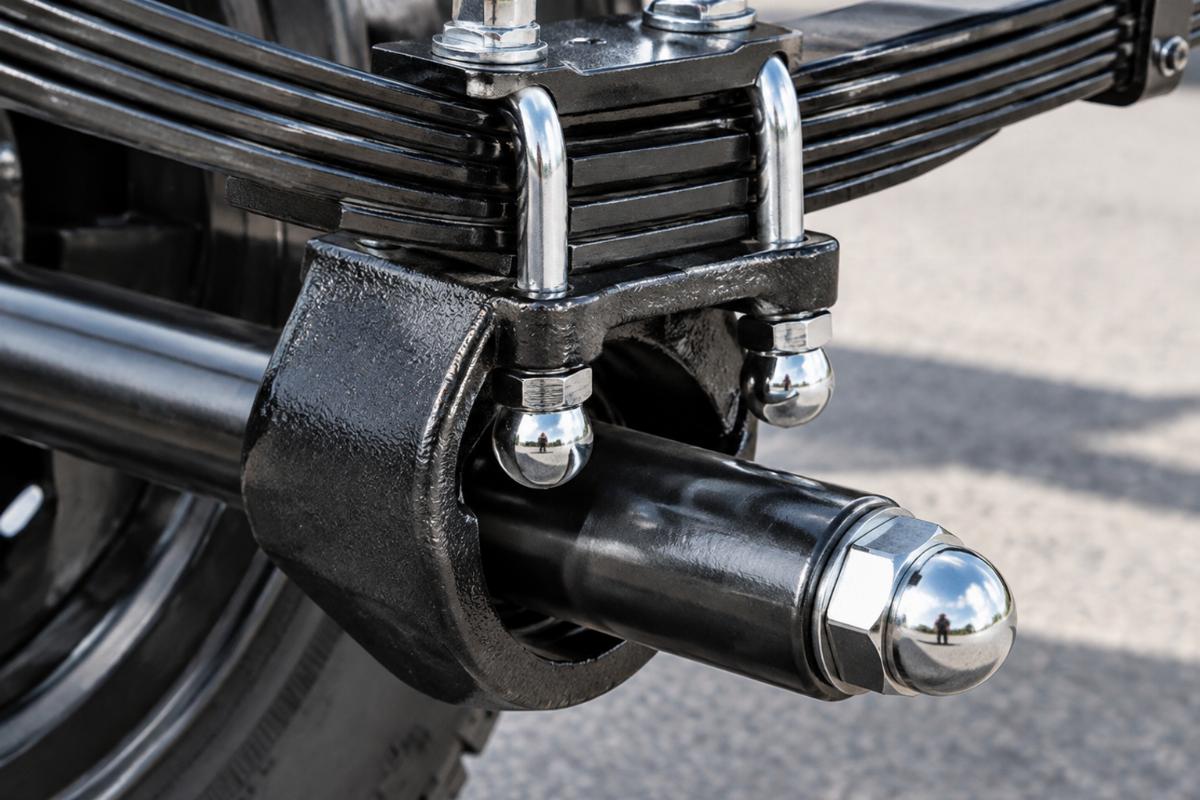 Close up of 3/4 inch axle and chrome acorn nuts on leaf spring fork assembly