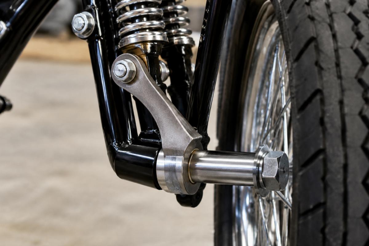 Close up of 3/4-inch axle and left side rocker offset on springer fork