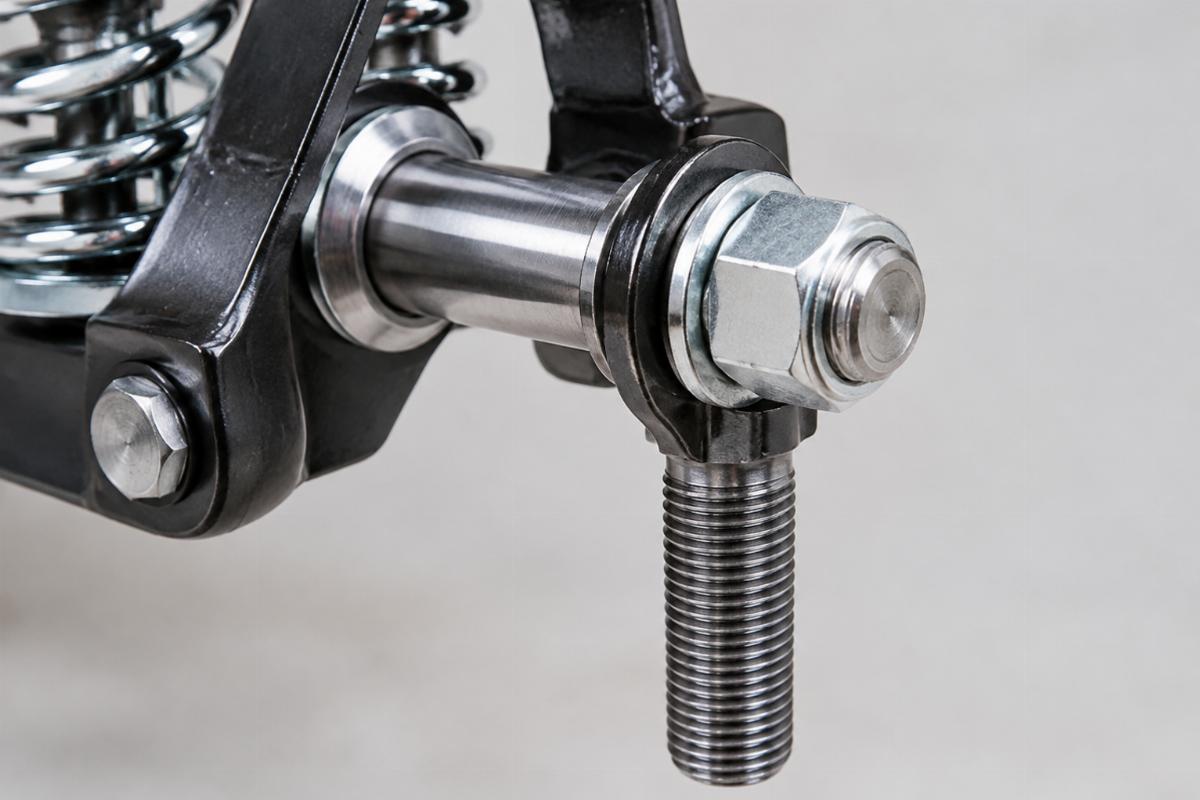 Close up of 3/4 inch axle assembly and 1/2 x 20 leg threads on custom springer