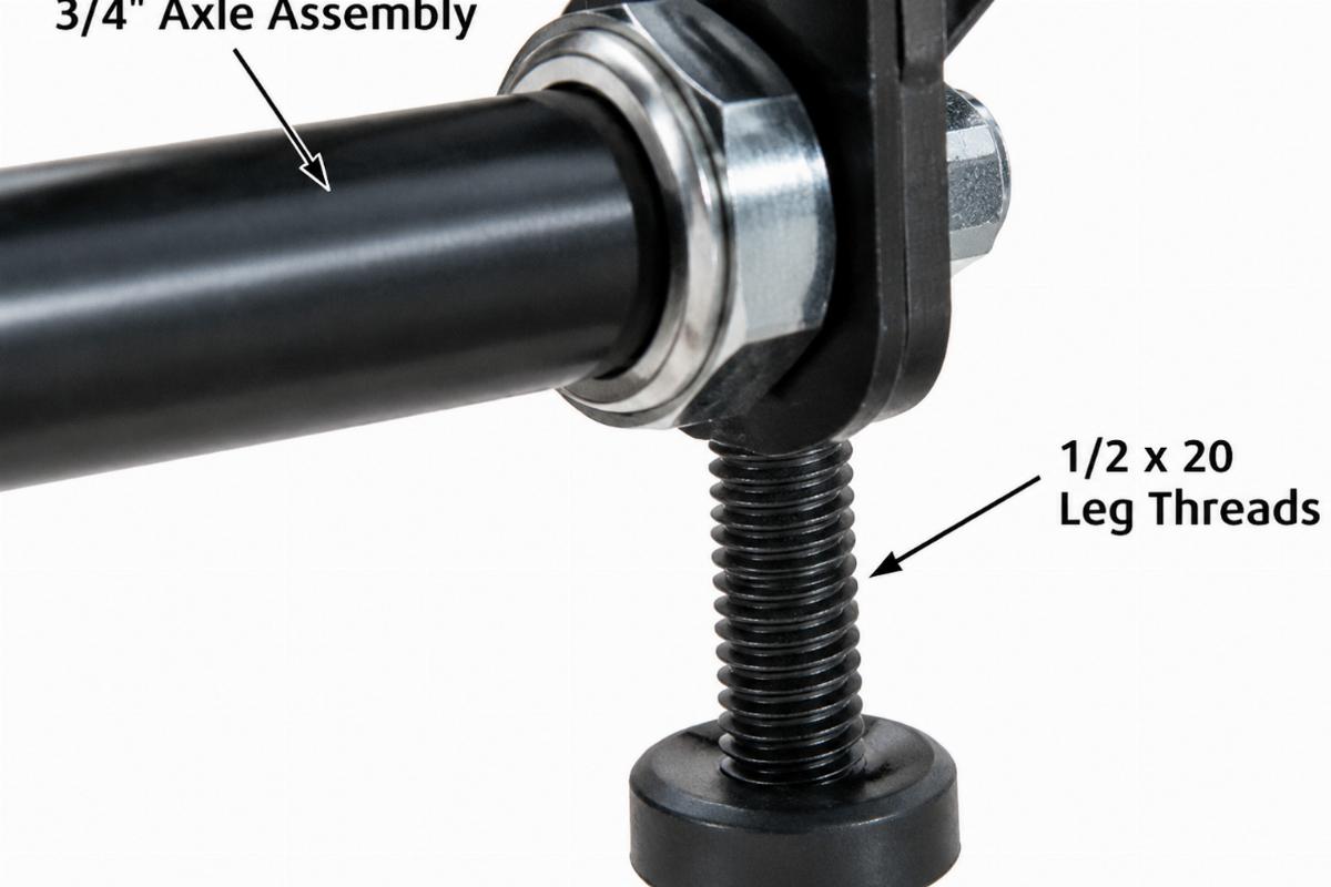 Close up of 3/4 inch axle assembly and 1/2 x 20 leg threads