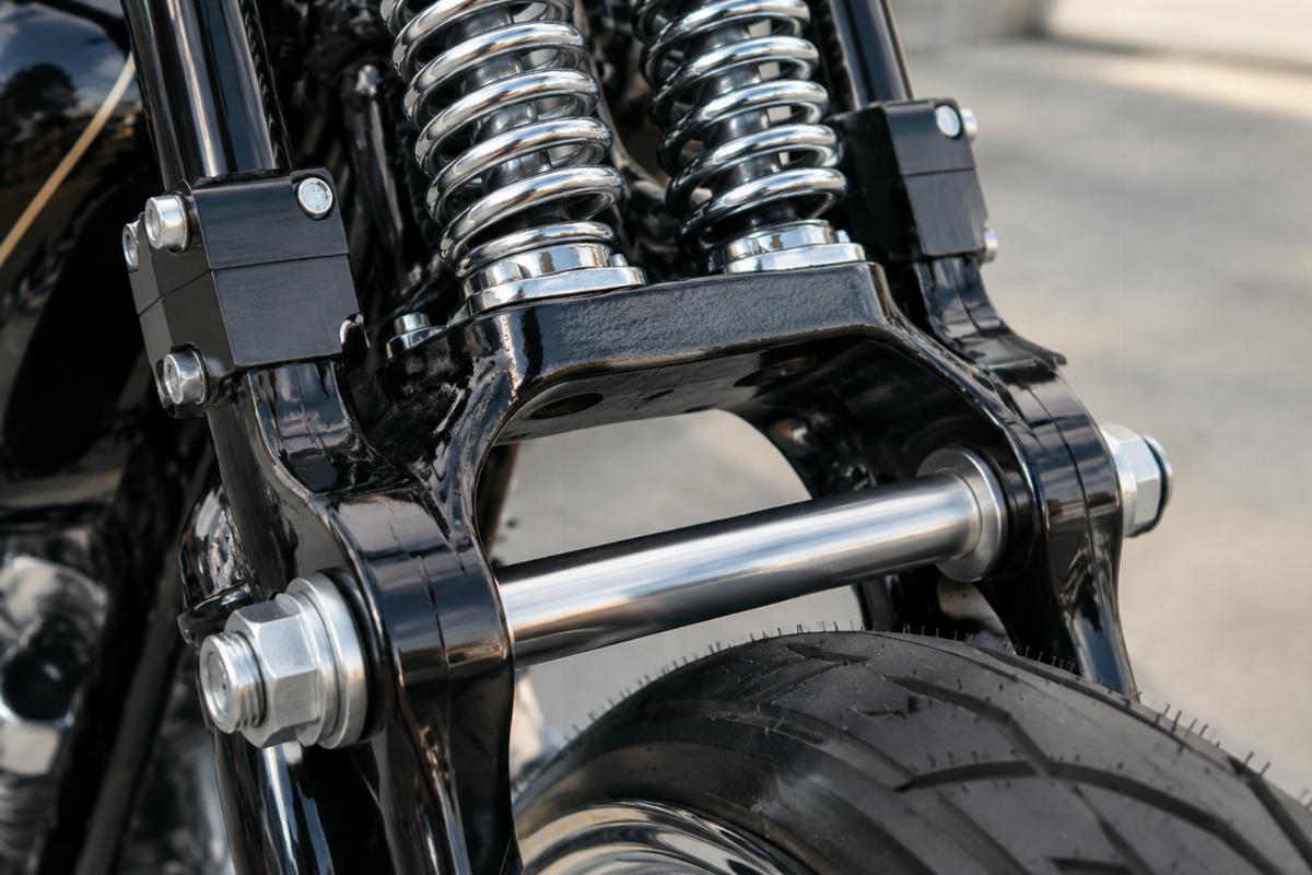 Close up of 3/4 inch axle assembly and post riser mounts on the springer fork