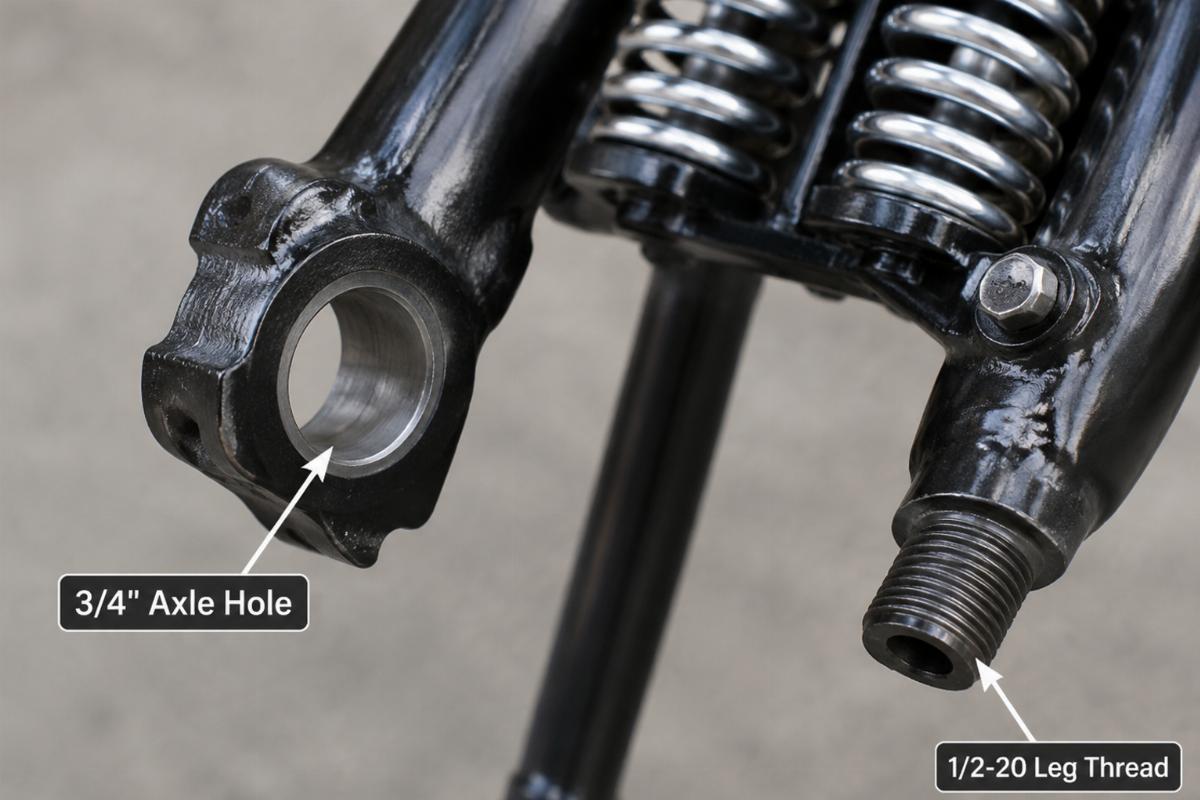 Close up of 3/4 inch axle hole and 1/2-20 leg thread on springer fork