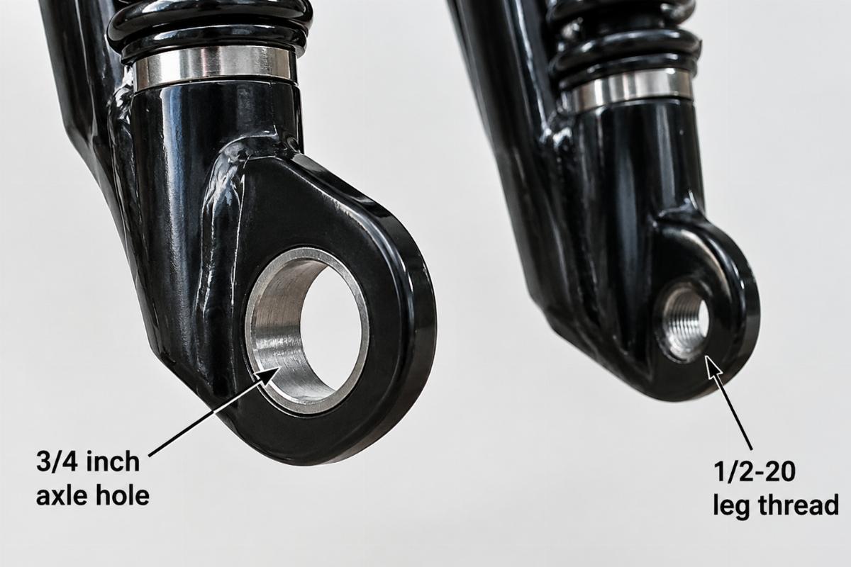 Close up of 3/4 inch axle hole and 1/2-20 leg thread on spring fork