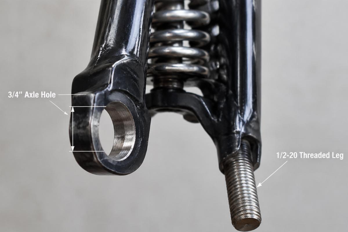 Close up of 3/4 inch axle hole and 1/2-20 threaded leg on narrow springer fork