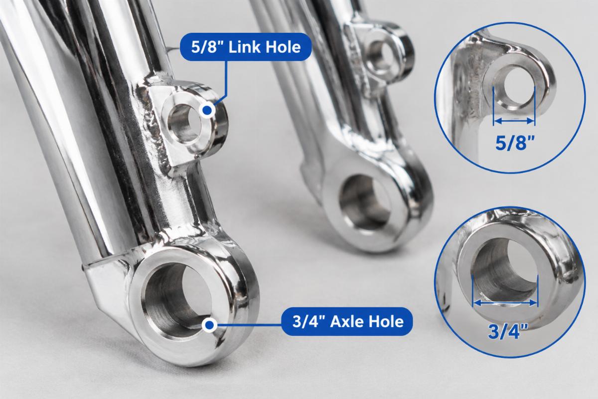 Close-up of 3/4-inch axle holes and 5/8-inch link holes on the chrome fork legs