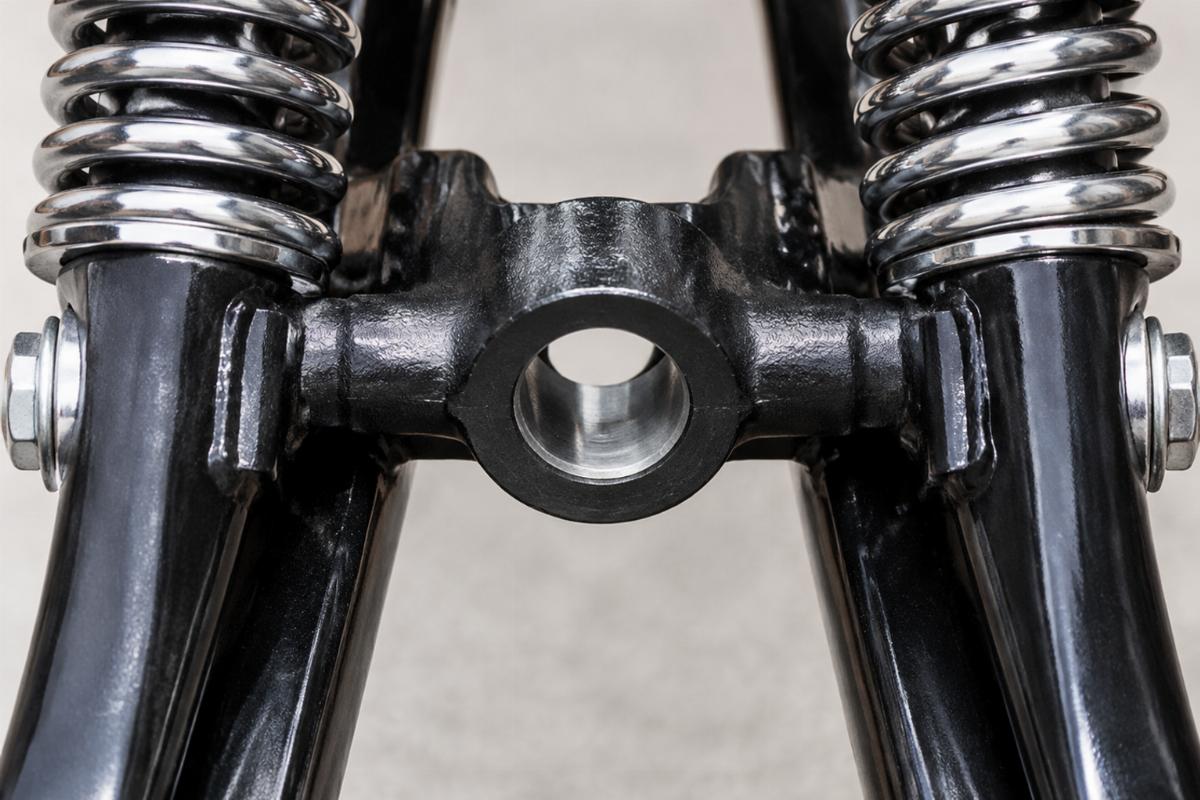 Close up of 3/4 inch rocker axle hole and symmetrical springer legs