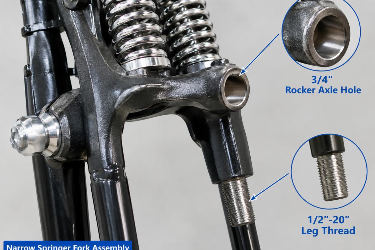 Close up of 3/4" rocker axle hole and 1/2"-20" leg thread on narrow springer fork assembly