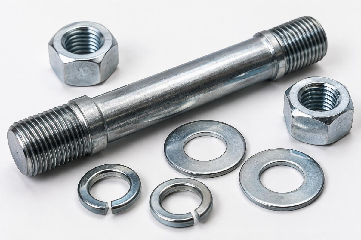 Close up of 3/4" springer axle and nuts set hardware details