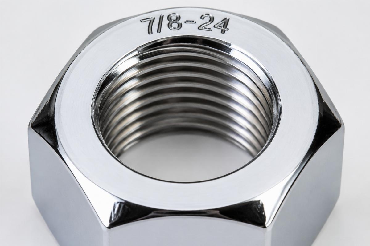 Close up of 7/8-24 I.D. thread on chrome plated steering stem nut
