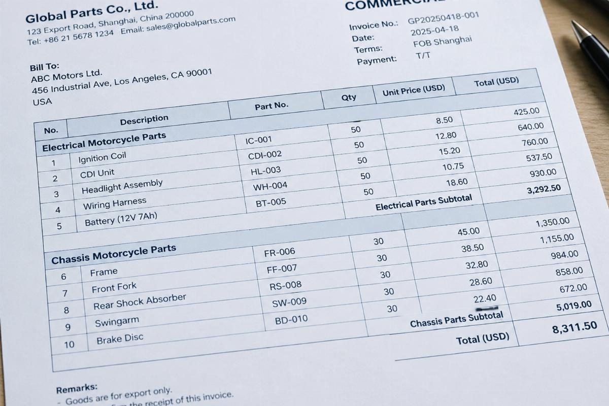 Close-up of a commercial invoice with separate line items for electrical and chassis motorcycle parts