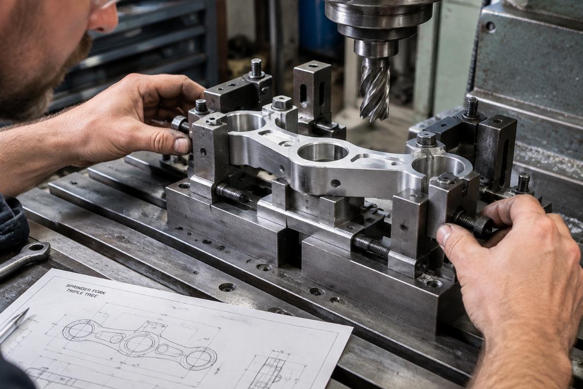 Close-up of a machinist setting up a custom jig for milling a springer fork triple tree