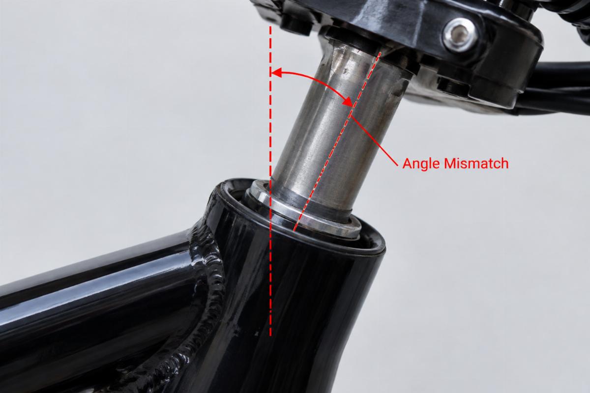 Close-up of a steering stem inserted into a frame neck, highlighting the angle mismatch