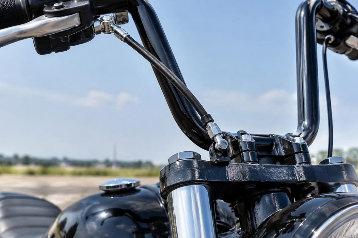 Close-up of a stretched brake line on a motorcycle with high-rise handlebars showing tension at the triple tree