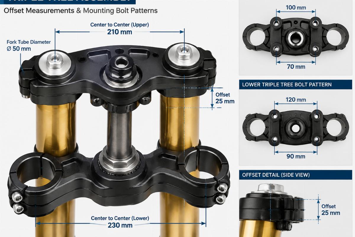 Close-up of a triple tree assembly showing offset measurements and mounting bolt patterns