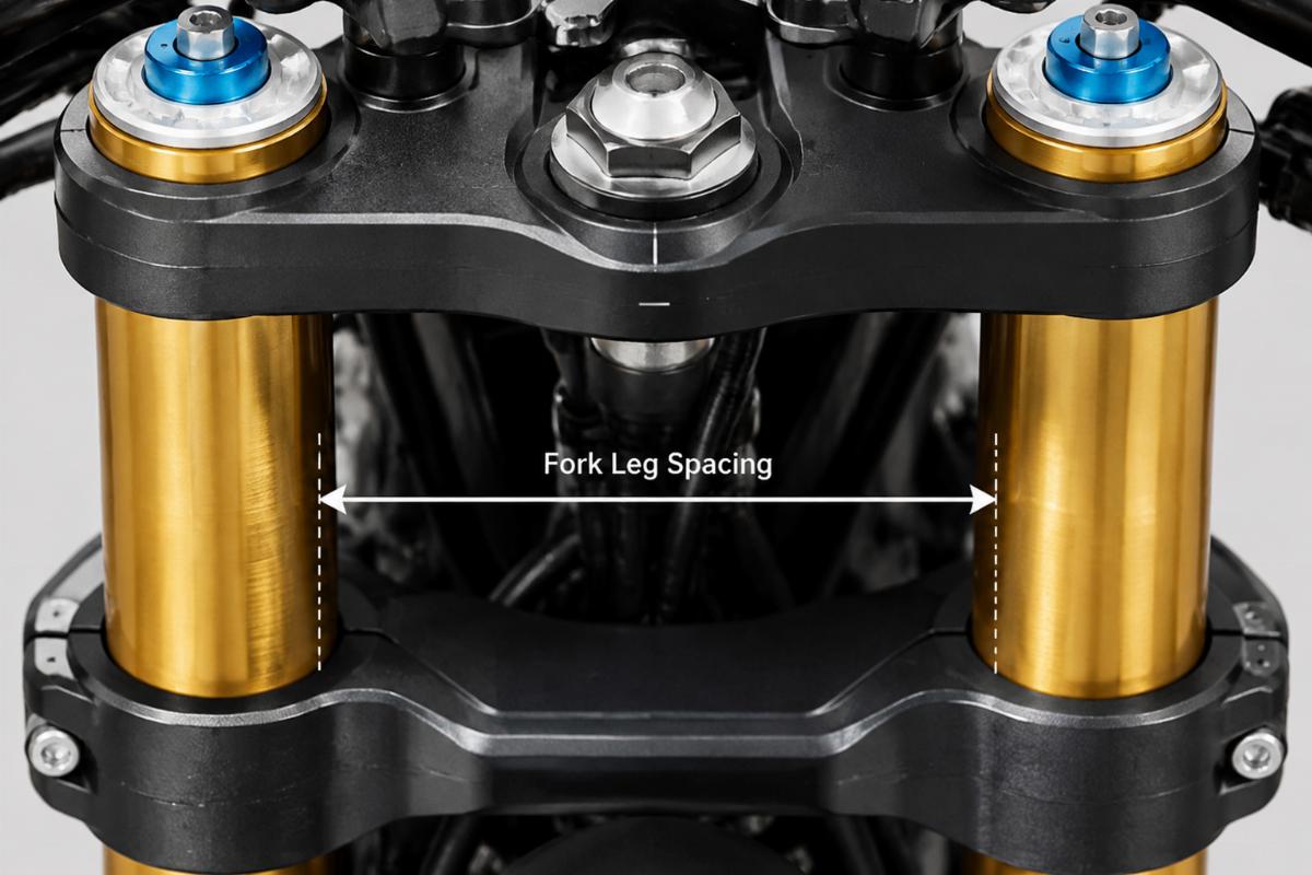 Close-up of a triple tree clamp showing spacing measurement relative to fork legs