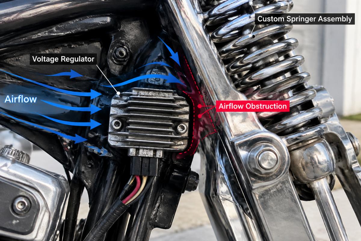 Close-up of a voltage regulator mounted on a Shovelhead frame, highlighting airflow obstruction from a custom springer assembly