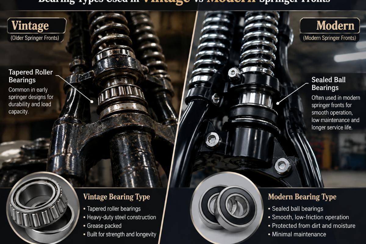 Close-up of bearing types used in vintage vs modern springer fronts