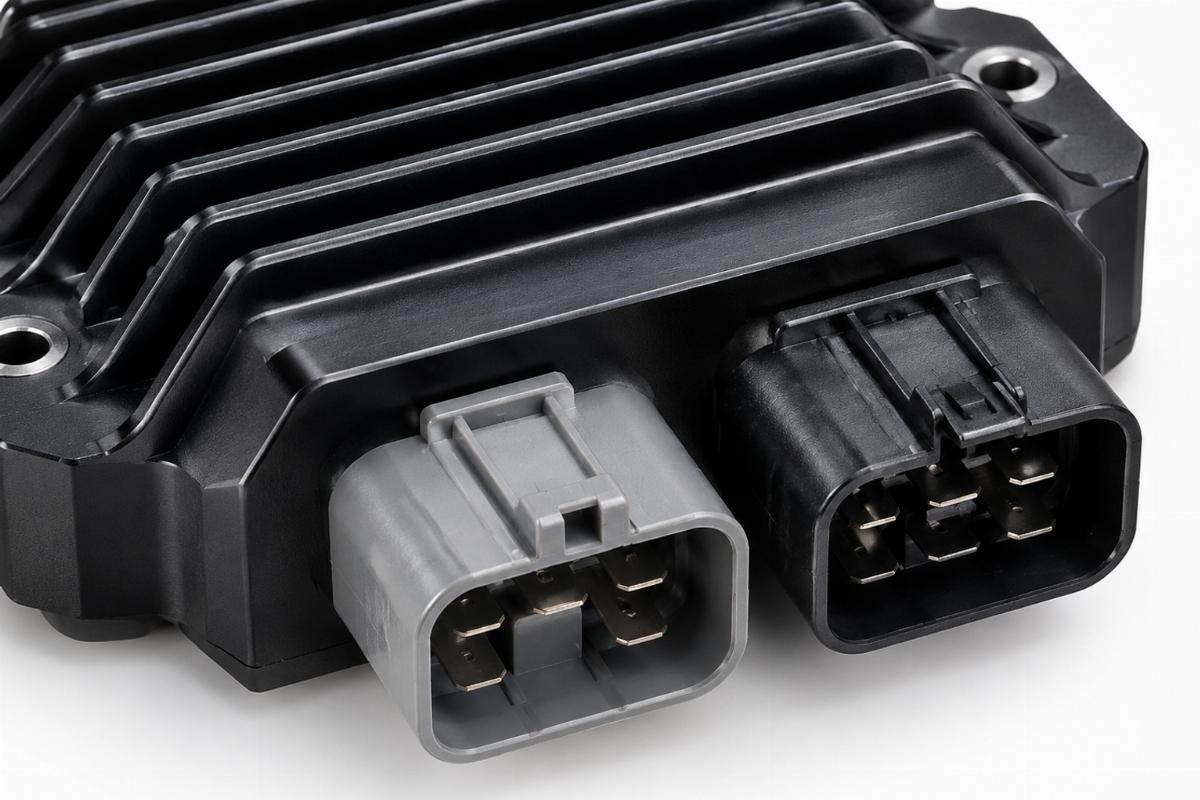 Close up of black anodized finish and connector details on the regulator rectifier