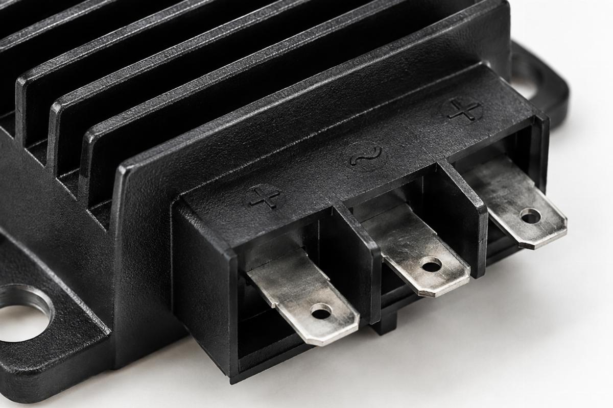Close up of black anodized finish and connector terminals on the regulator rectifier