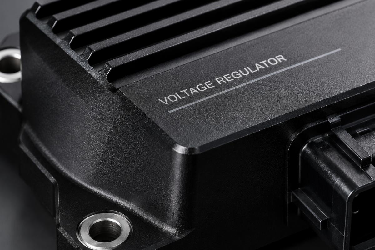 Close up of black anodized finish on voltage regulator housing