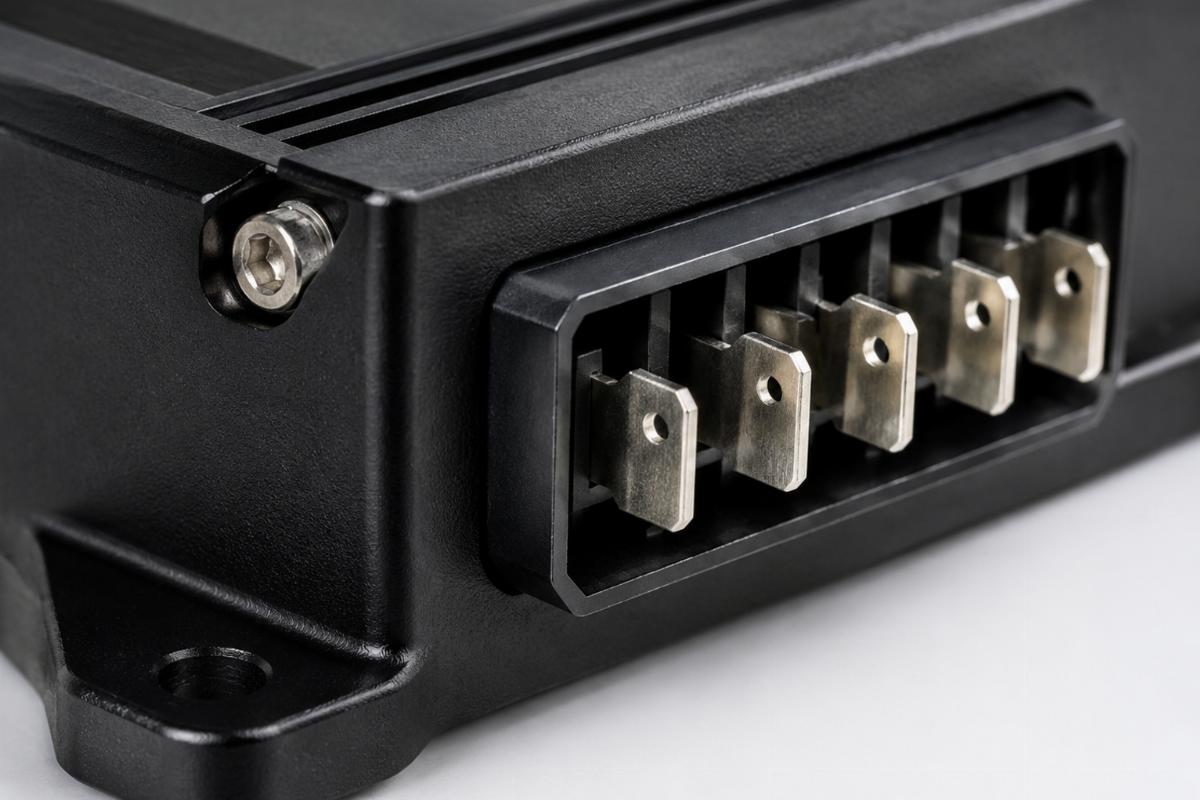 Close up of black anodized housing and terminal pins