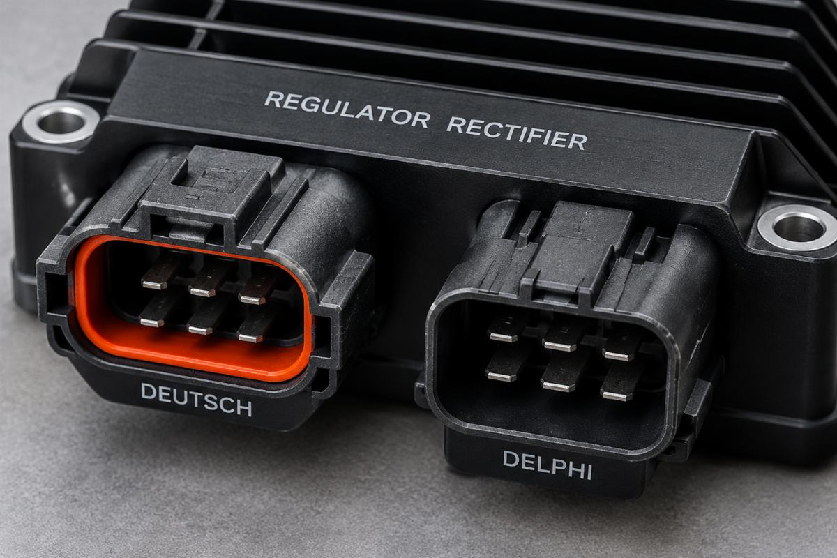 Close-up of black anodized regulator rectifier showing Deutsch and Delphi connector terminals