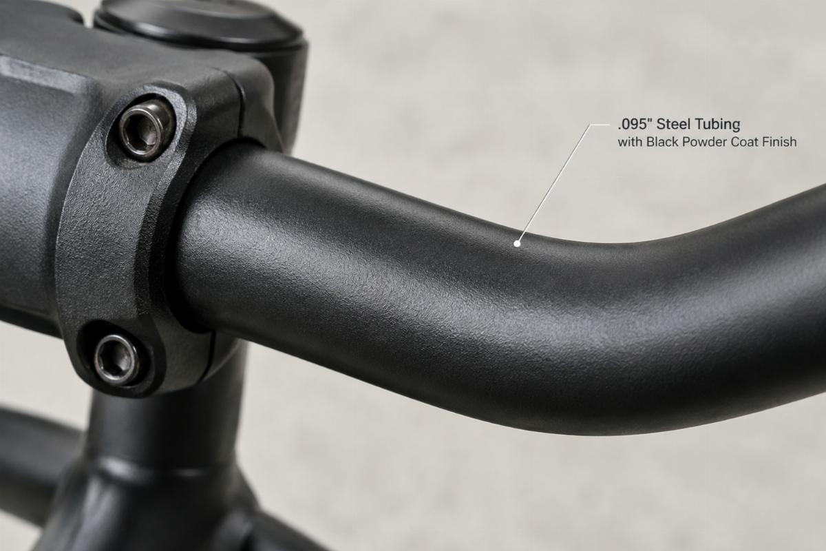 Close up of black powder coat finish and .095" steel tubing on handlebars