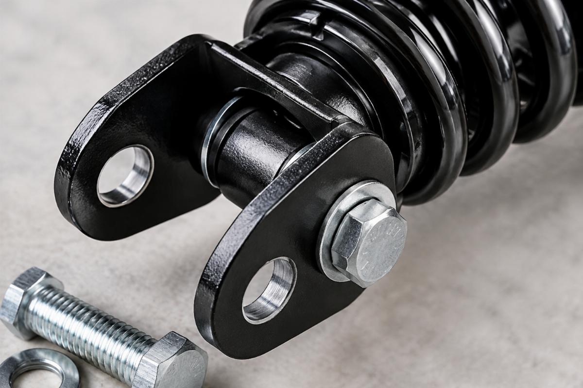 Close up of black springer shock mounting holes and hardware