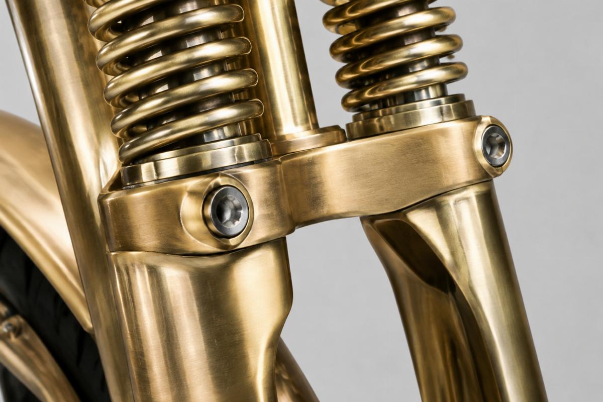 Close up of brass material finish on springer fork component