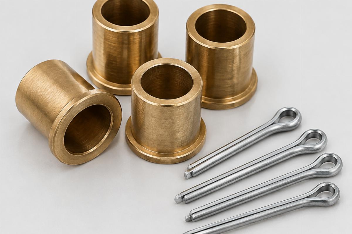 Close up of bronze bushings and cotter pins included in the springer rockers kit