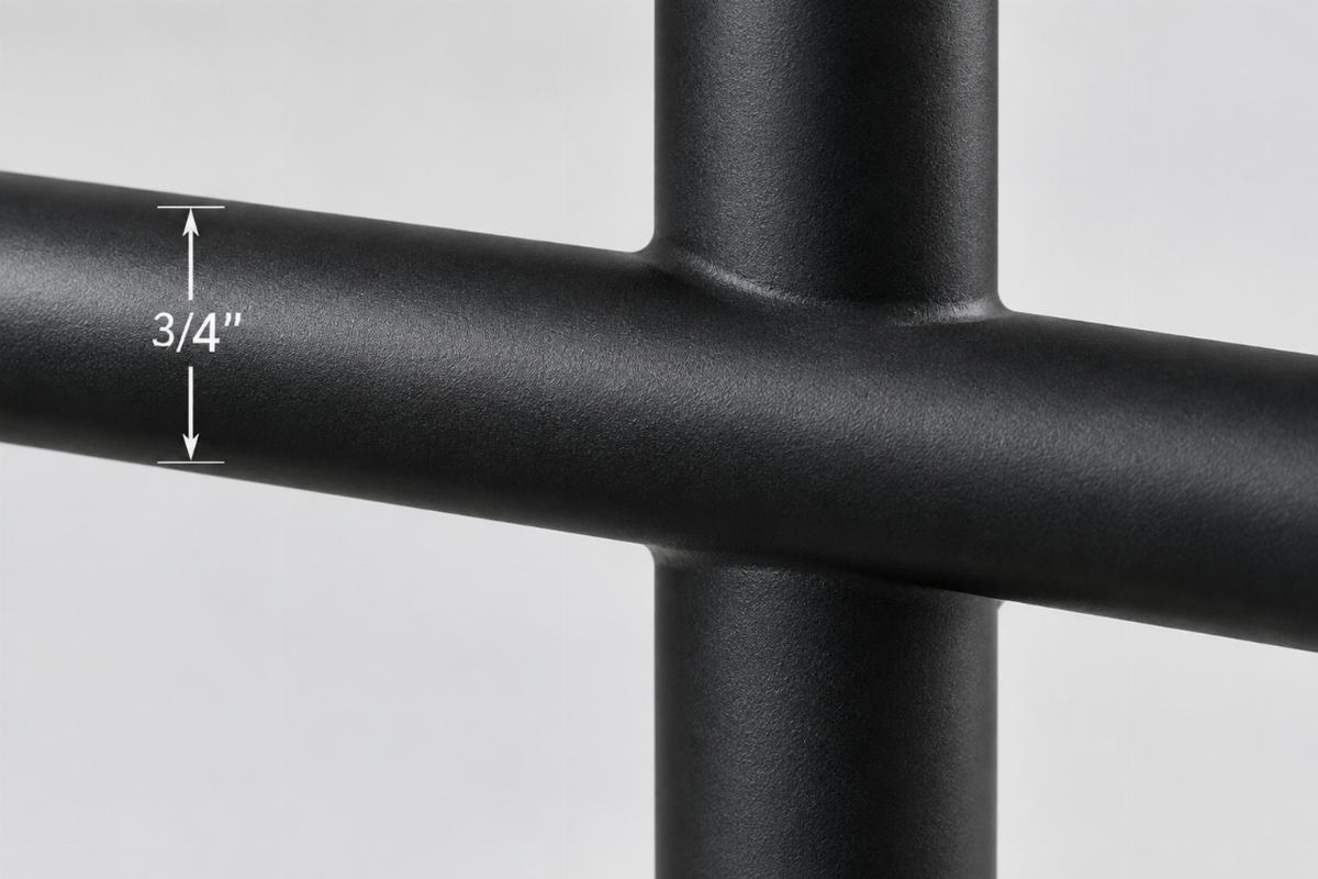 Close-up of ¾" cross-bar and satin black powdercoat finish on steel tubing