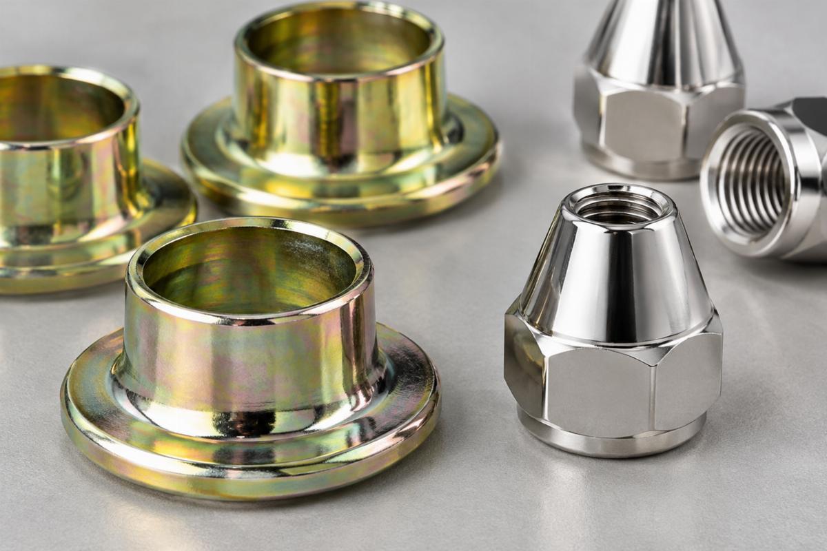 Close up of cadmium plated neck cup set and nickel plated cone nut