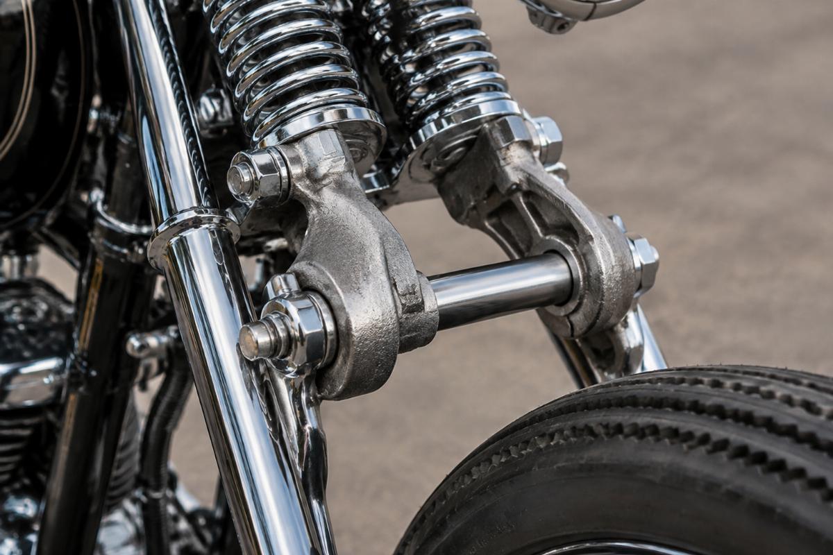 Close up of cast axle rockers and 3/4 inch axle on chrome springer fork