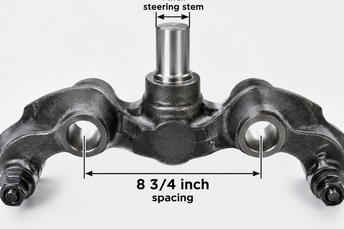 Close up of cast axle rockers showing 8 3/4 inch spacing and 1 inch steering stem