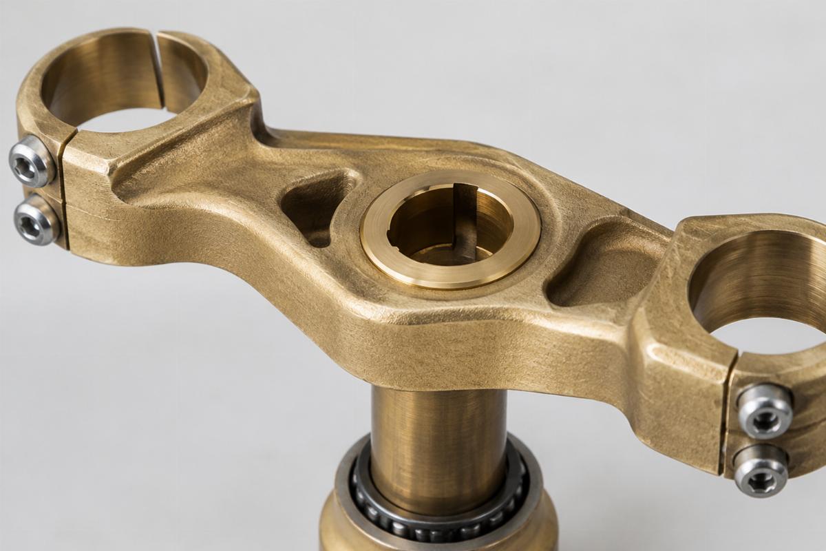 Close up of cast brass natural finish offset top triple tree hardware