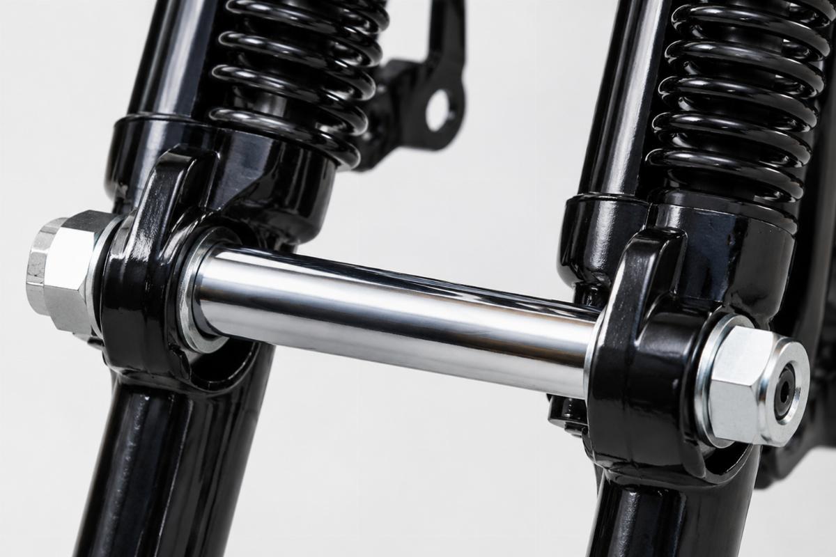Close up of chrome 3/4 inch axle and black fork tubes on inline spring fork assembly