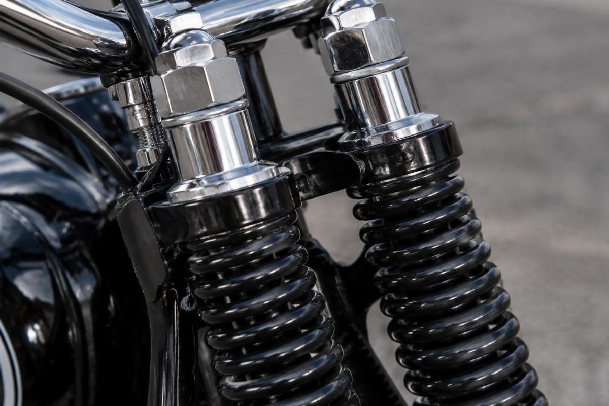 close up of chrome acron nuts and risers on black spring fork