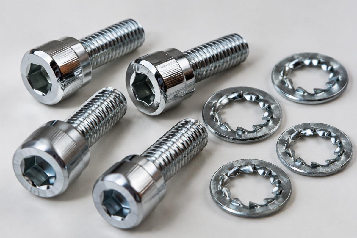 Close up of chrome allen bolts and biter washers from the shock mount kit